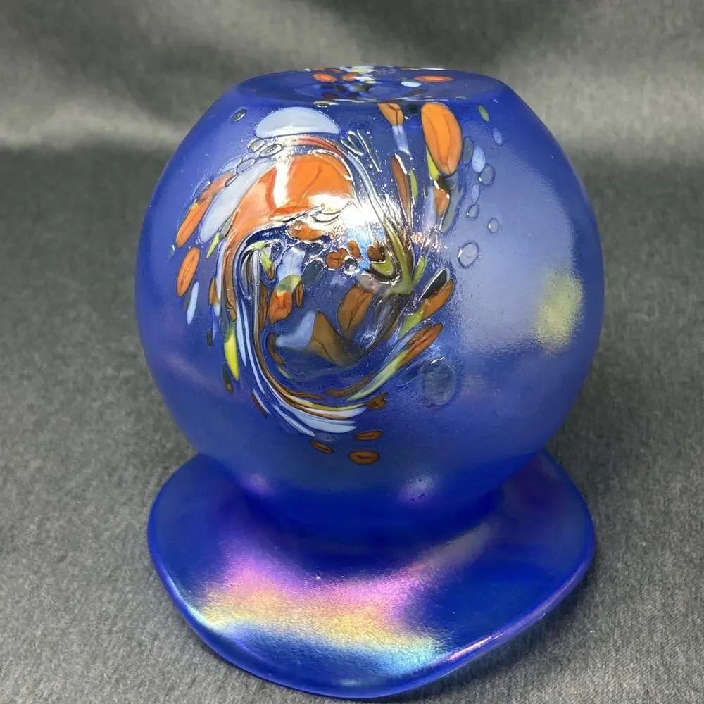 Von Poschinger Germany Blue Iridescent Art Glass Vase Confetti Flared Rim READ